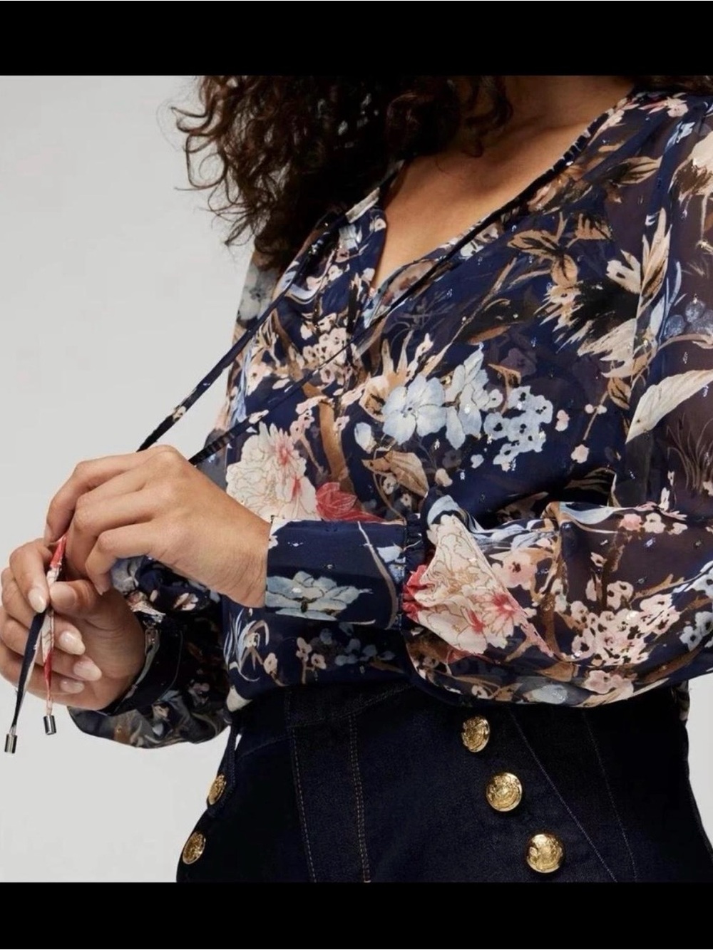 White House Black Market Navy Floral Tie-Neck Blouse